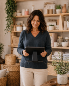 An independent shop owner using a tablet point-of-sale system in her store