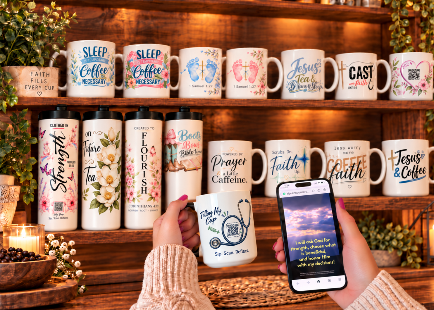 Sip Encounters mugs and tumblers on a wooden shelf