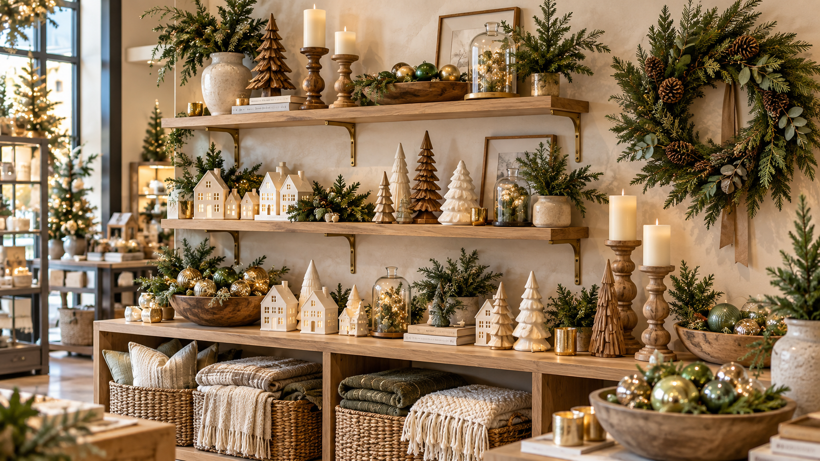 Holiday shelves with white ceramic houses, wooden trees, candles and a wreath