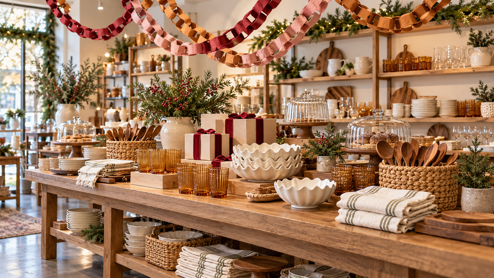 Holiday kitchen table with paper chains, amber glasses, scalloped bowls and wooden spoons