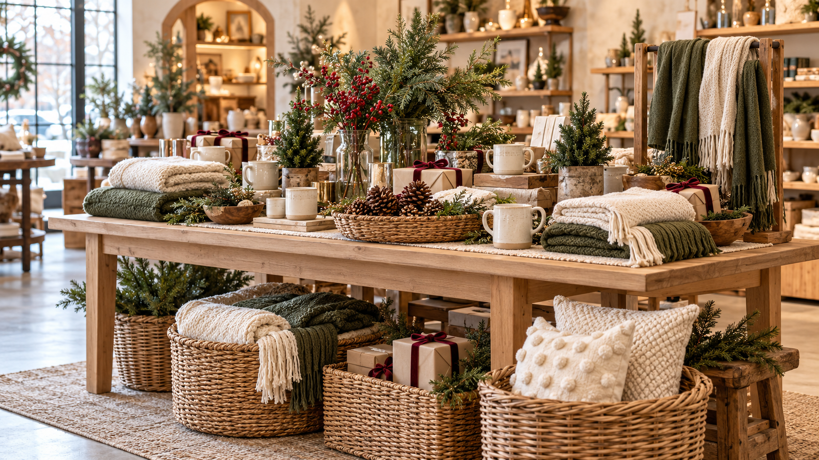 Holiday gift shop table with knit throws, pinecones, mugs and gifts tied with burgundy ribbon
