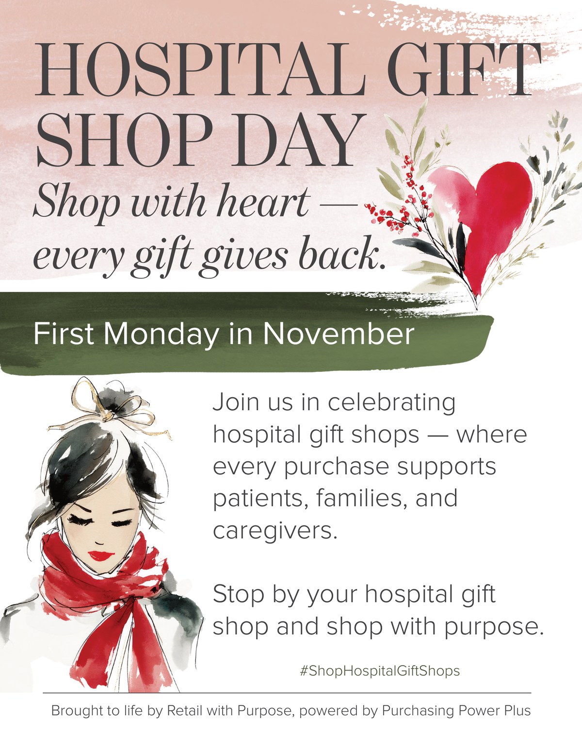Hospital Gift Shop Day sign, Winter version, with a red scarf and a heart