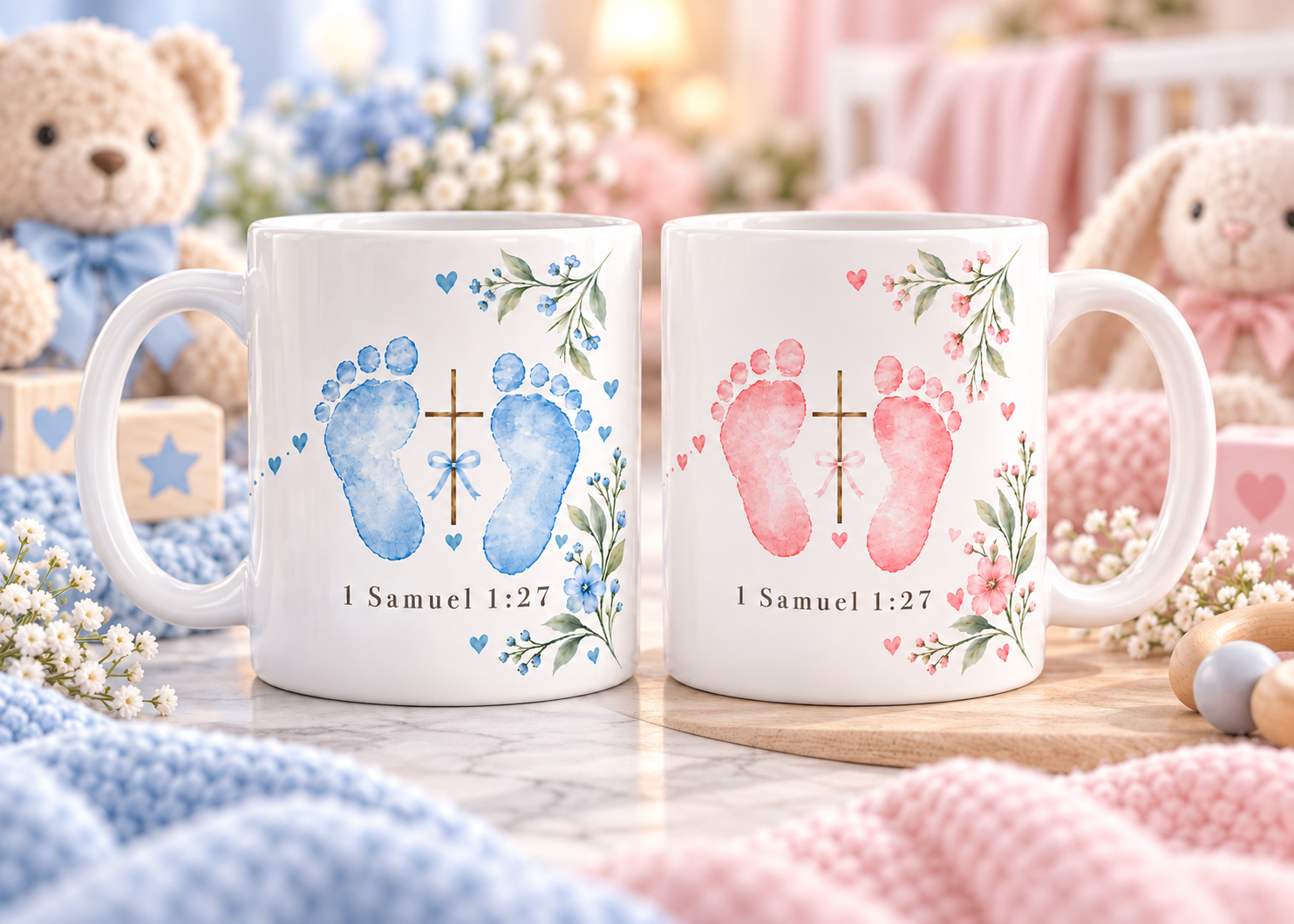 Sip Encounters baptism mugs with watercolor footprints