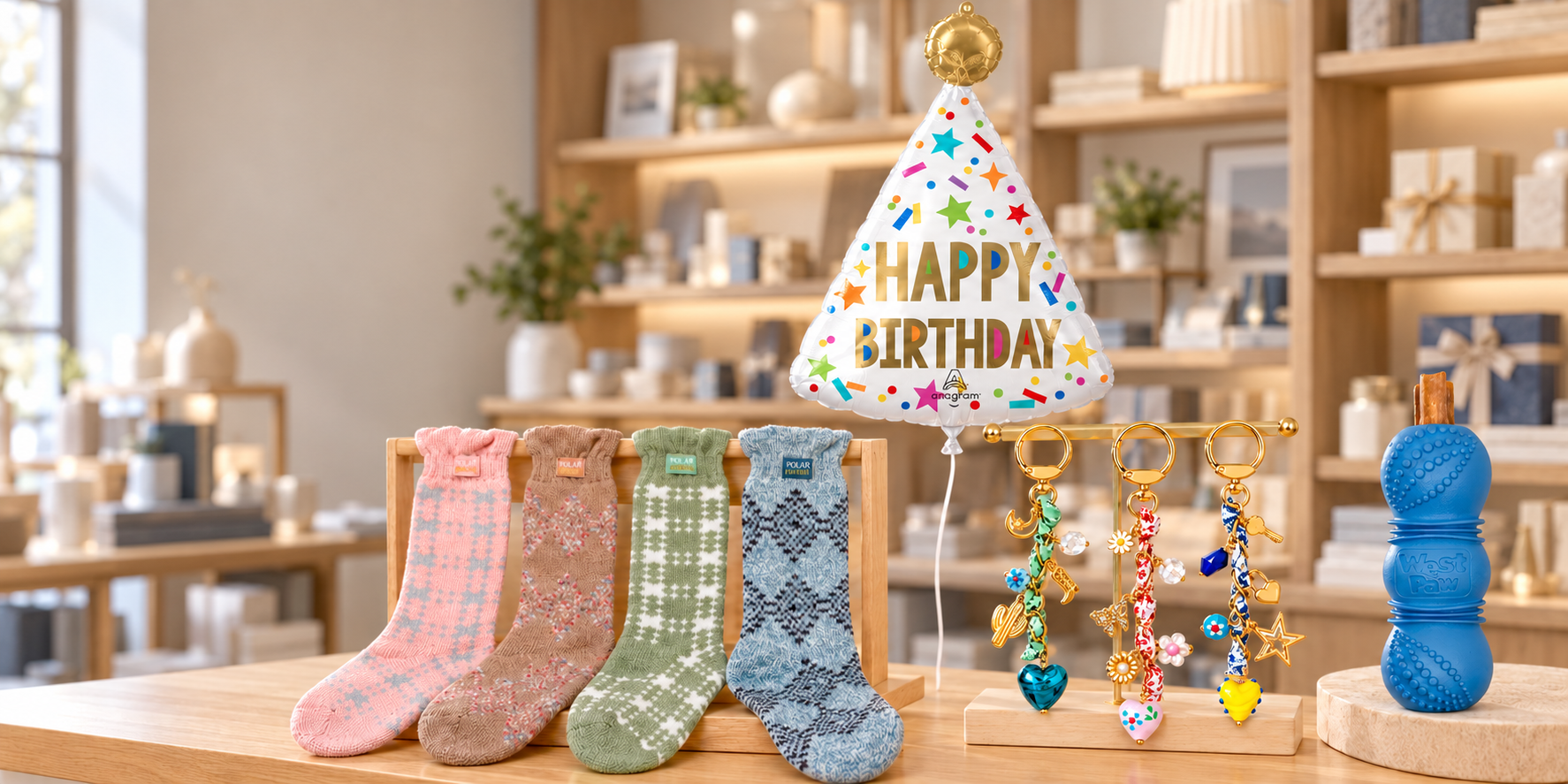 Patterned crew socks, a birthday hat foil balloon, bandana charm key rings and a blue dog toy on a register counter