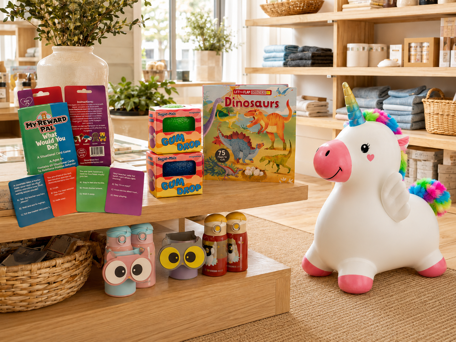 Children’s toys, books and games on a gift shop table