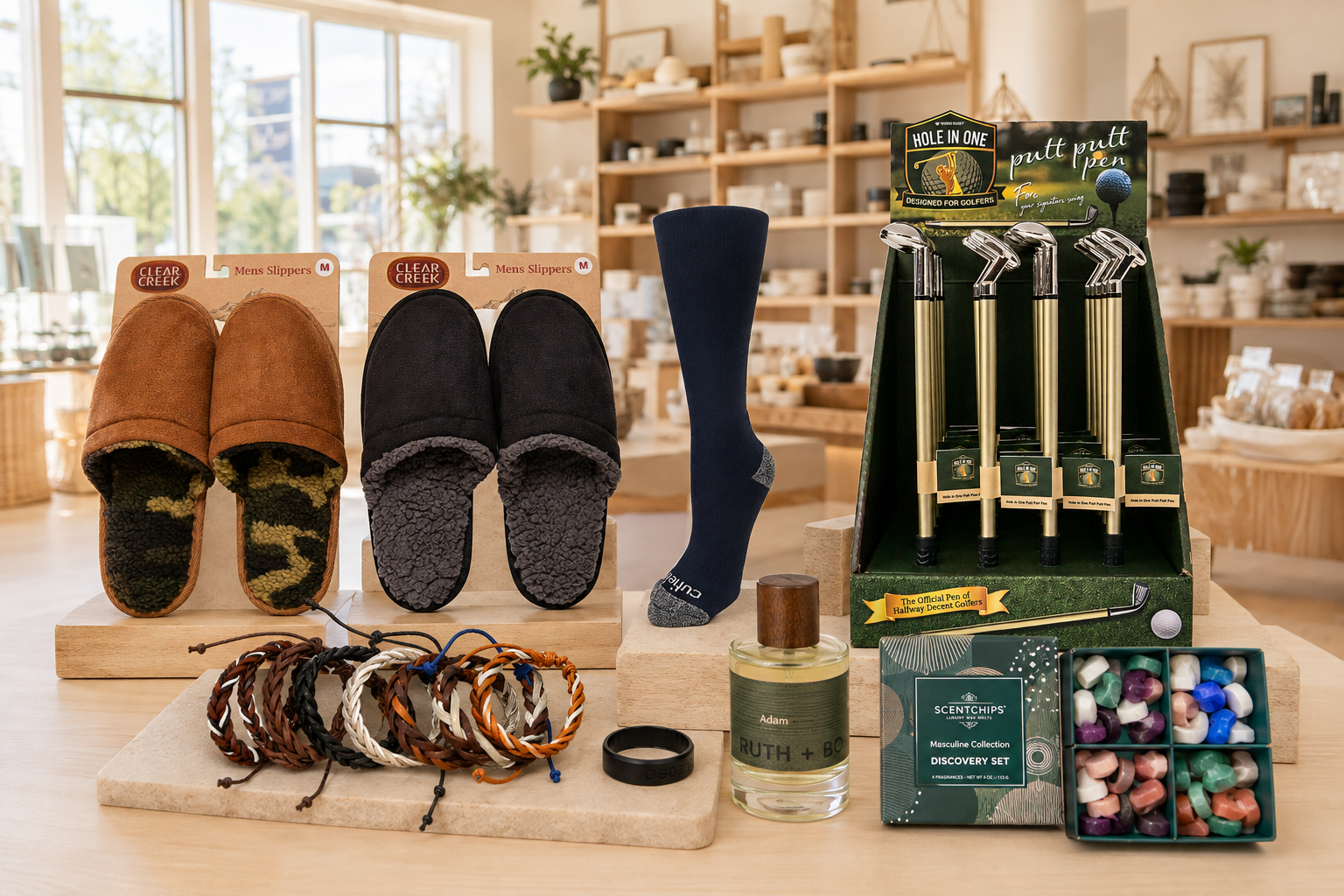 Men’s gifting display of slippers, socks and golf accessories