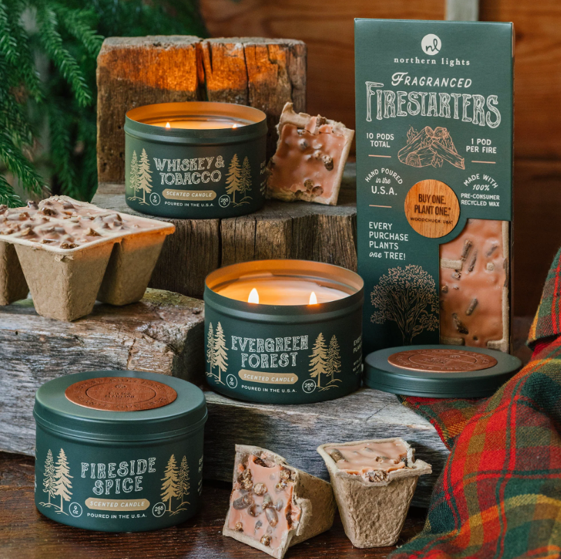 Northern Lights Cabin Candle tins and firestarters