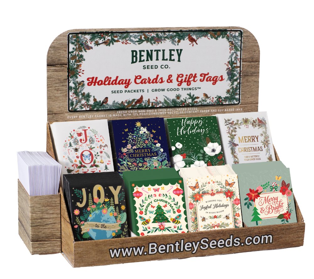 Bentley Seed Co. holiday cards and gift tags display