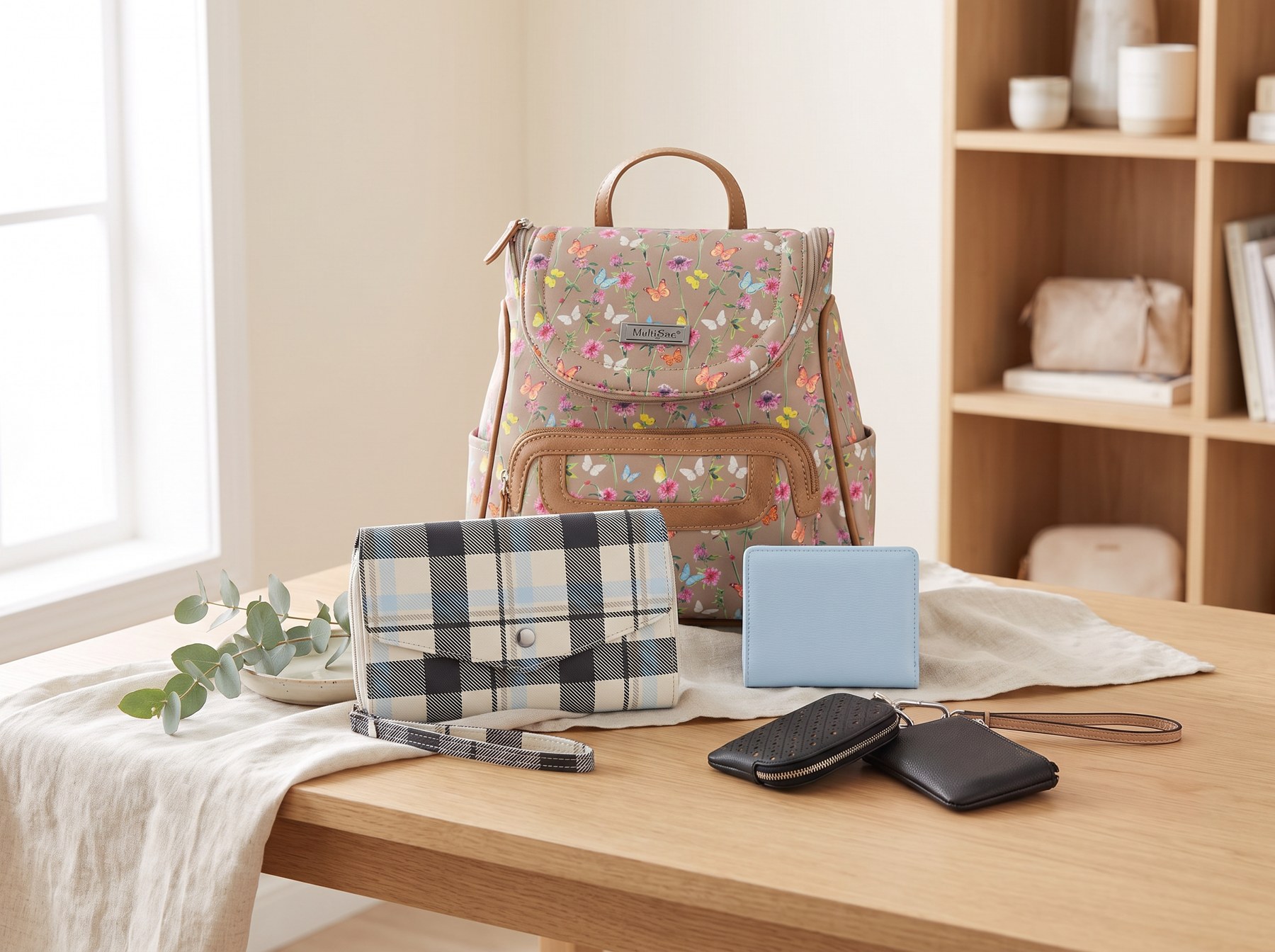 The two Mundi Westport Group giveaway bundles: Multisac backpack, CEO clutch, mini wallet and Kelly wristlet
