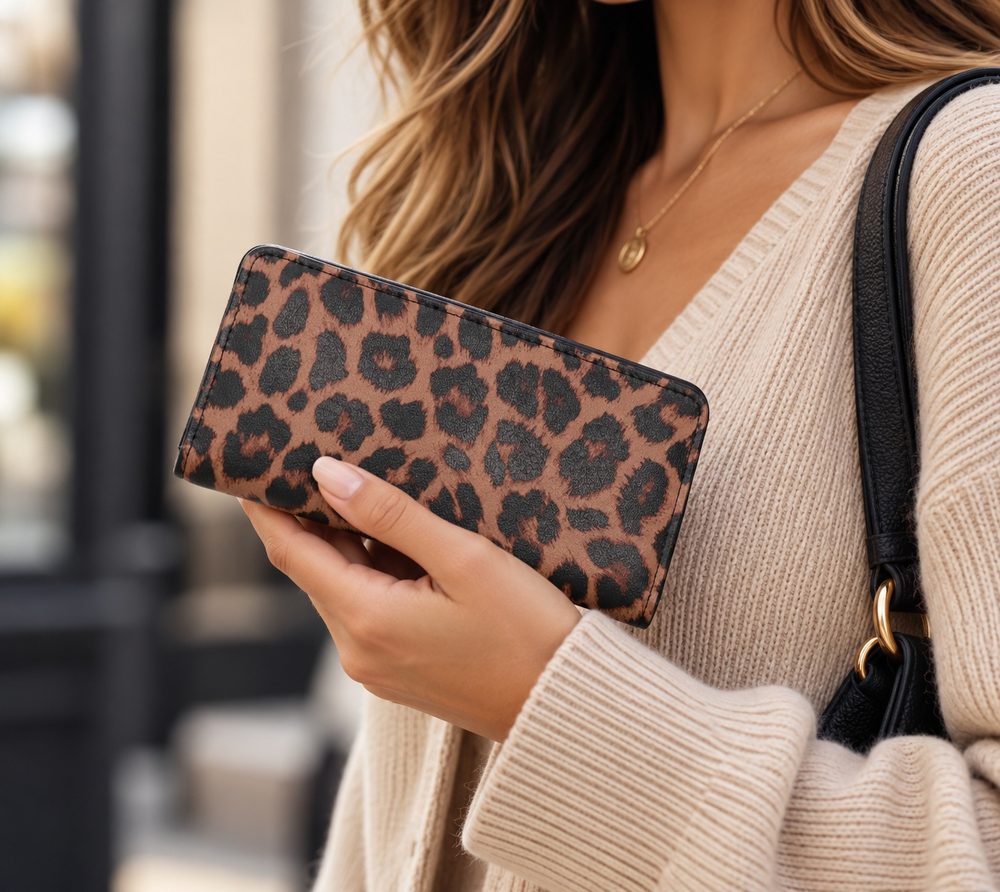 Mundi Alexandra slim wallet in leopard, held against a cream sweater