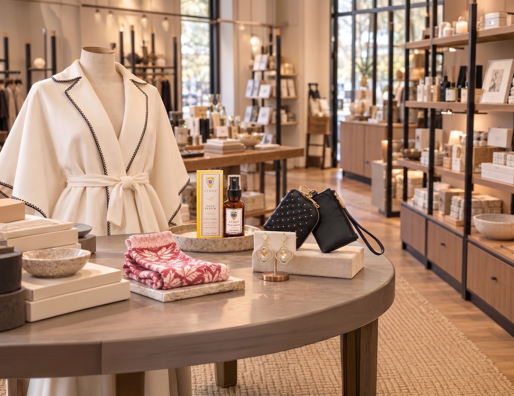 A cream belted cape on a mannequin beside a shop table with Lindi Skin face serum, patterned socks, clover earrings and a black wristlet