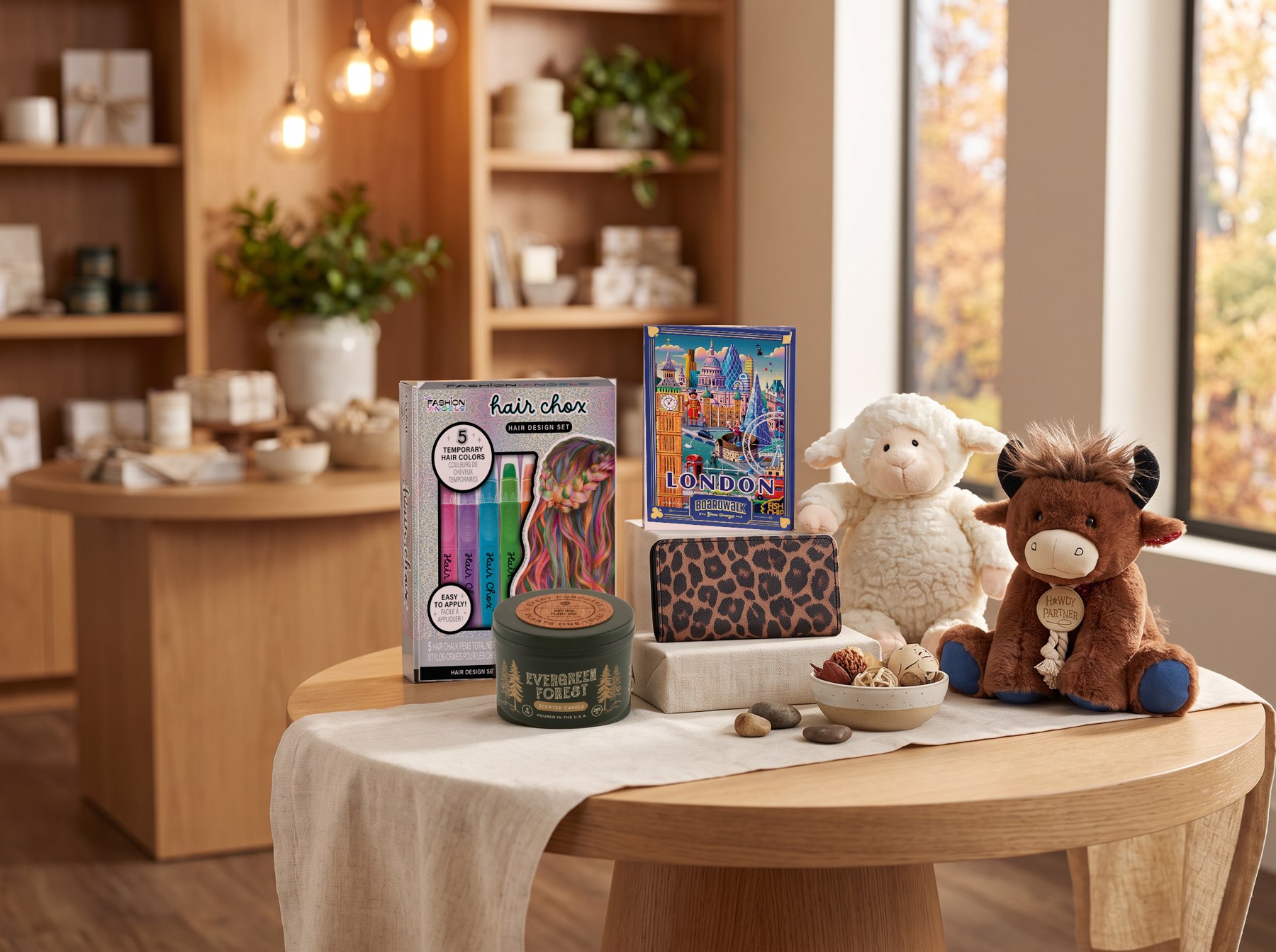 November issue products on a shop table: Fashion Angels Hair Chox, Boardwalk London cards, a Northern Lights candle, a Mundi wallet, a Mary Meyer lamb and a Giffa Highland cow